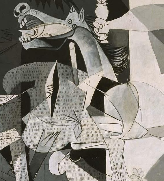 The horse’s open mouth and fractured body dominate the centre.