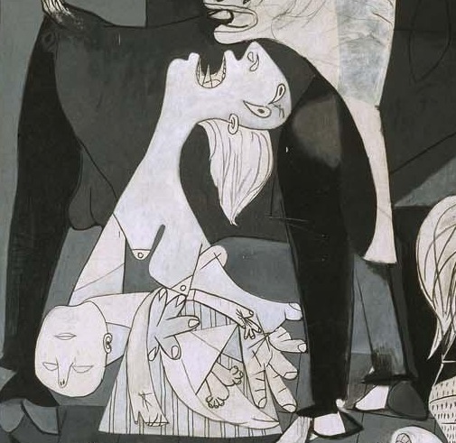 The mother’s complete lifted face, supporting arms and child form a close group.