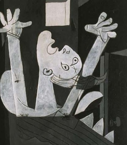 The raised arms and tilted head press against the right-hand enclosure.