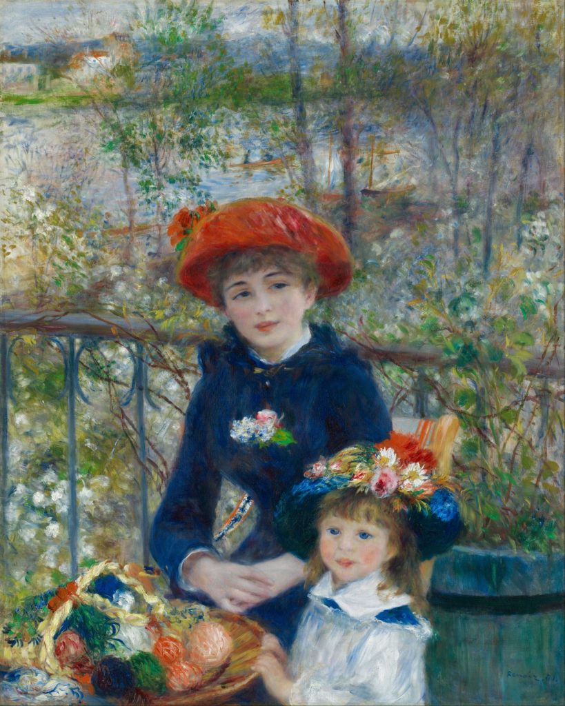 Two Sisters On the Terrace by Pierre-Auguste Renoir, a young woman in a red hat and a little girl in a flowered hat sitting on a terrace above the river