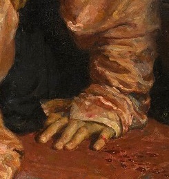 The son’s hand braced against the carpet in Ilya Repin’s Ivan the Terrible and His Son