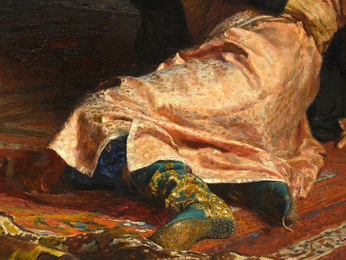 The pink robe and green boots in Ilya Repin’s Ivan the Terrible and His Son