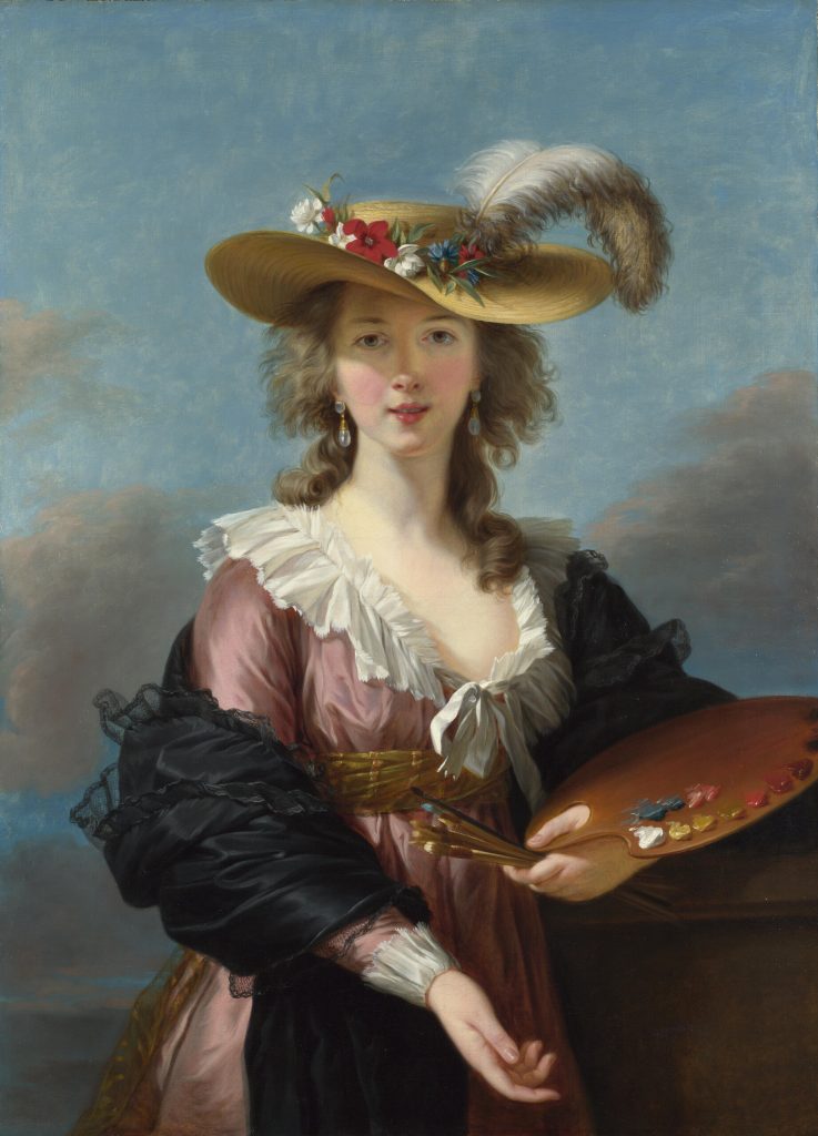 Élisabeth Vigée Le Brun's Self-Portrait in a Straw Hat, the artist holding palette and brushes beneath a broad hat