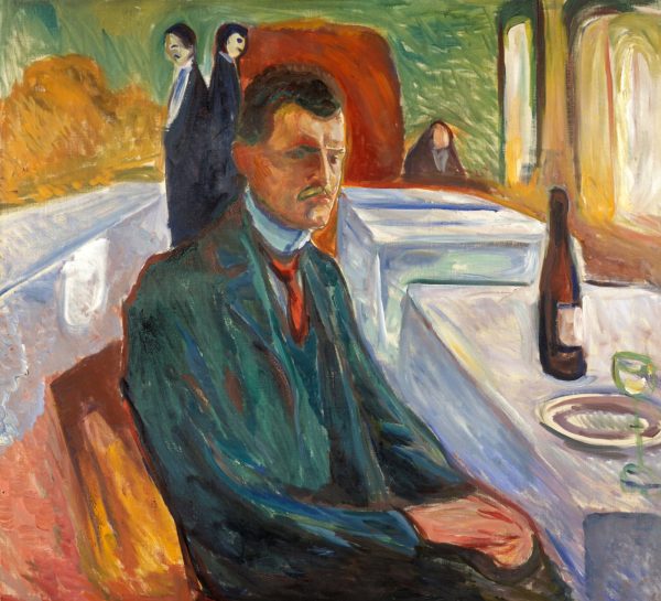 Self-Portrait with a Wine Bottle by Edvard Munch
