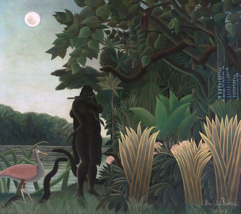 The Snake Charmer by Henri Rousseau, a dark figure playing a flute by a moonlit river in a dense jungle, with snakes, a pink flamingo bird and tall plants