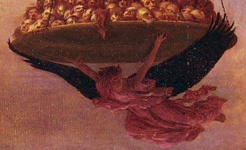 A figure with black wings and reddish drapery reaches beneath the scale pan carrying the sultan and skulls