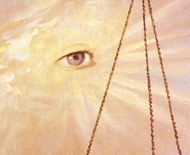 A single eye appears within golden light and radiating clouds at the left of Gérôme’s painting