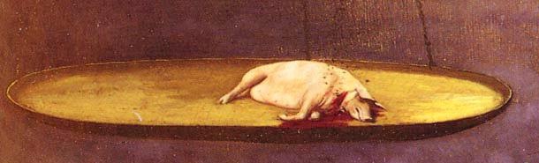A pale pig lies on the lower golden pan of the balance in Gérôme’s Sultan Mourad
