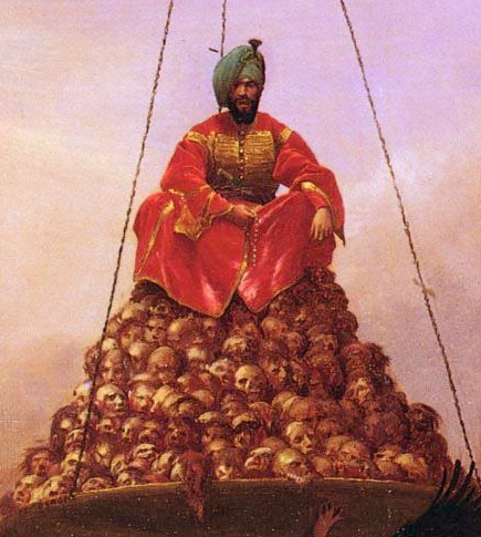 Sultan Mourad in a red robe and green turban sits above a crowded pile of skulls on a scale pan