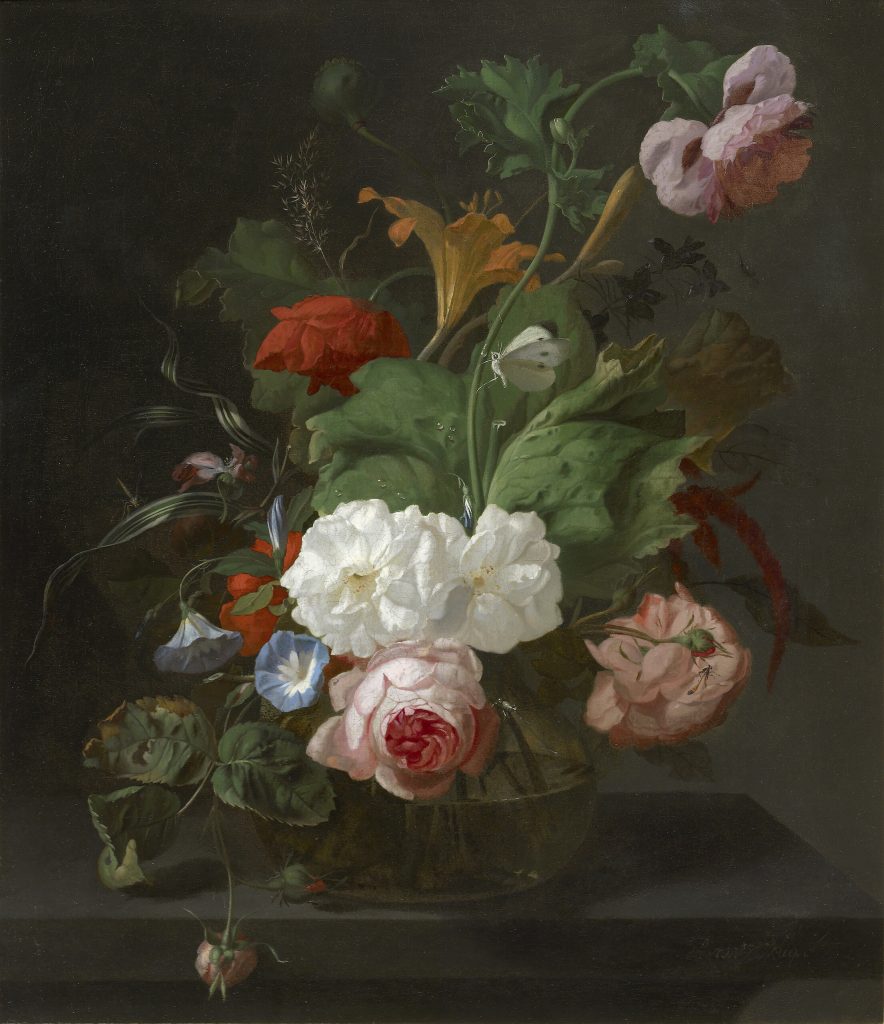 Rachel Ruysch's Summer Flowers in a Vase, a lively bouquet of mixed flowers against a dark background