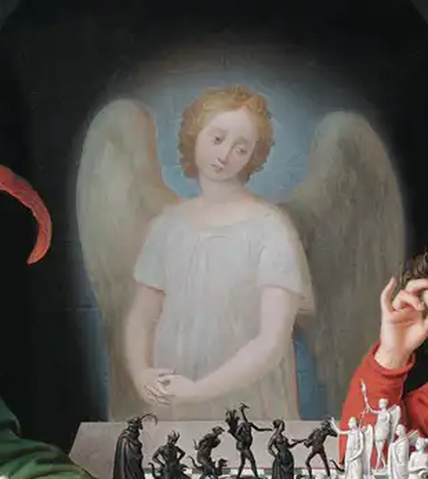 A luminous guardian angel standing behind the chessboard in The Chess Players by Moritz Retzsch