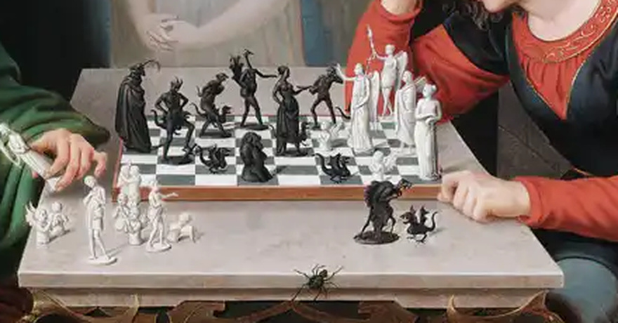 Black and white allegorical chess pieces on the board between Satan and the young man in The Chess Players