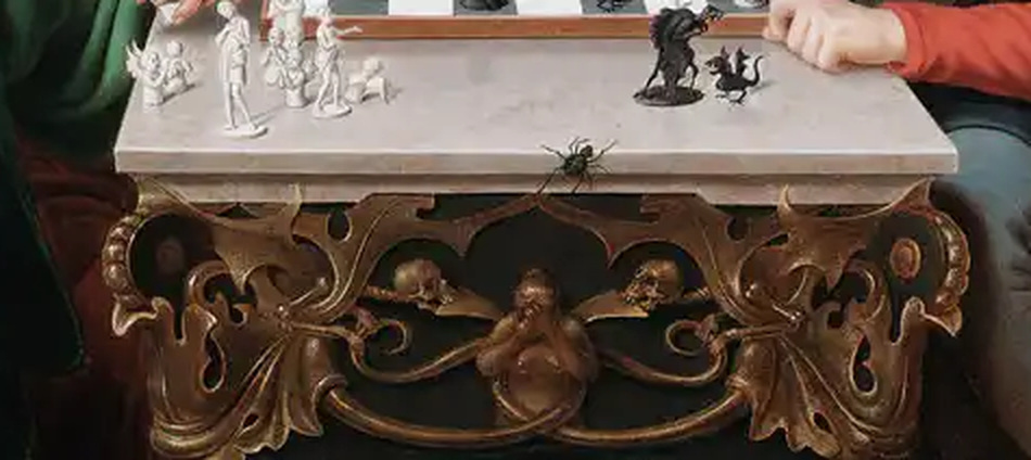 Ornate coffin-shaped chess table decorated with a skull and creature beneath the board in The Chess Players