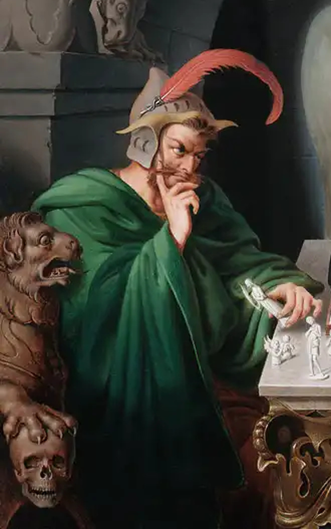 The Devil in a green cloak and feathered helmet studying the chessboard in The Chess Players by Moritz Retzsch