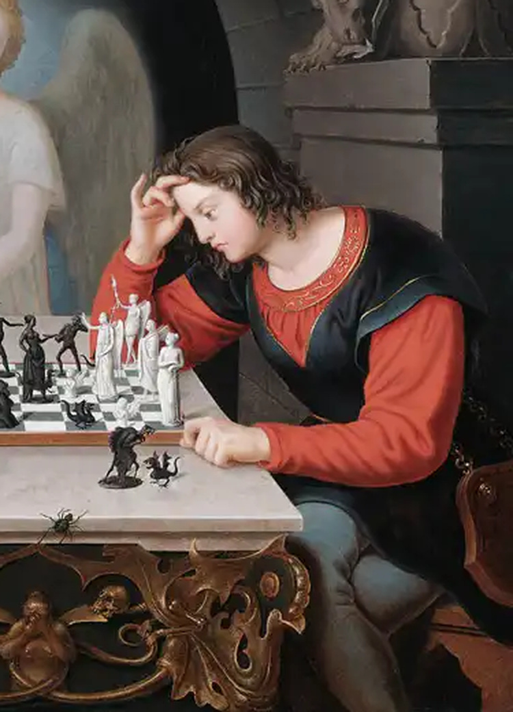 A worried young man studying the chessboard while playing against the Devil in The Chess Players