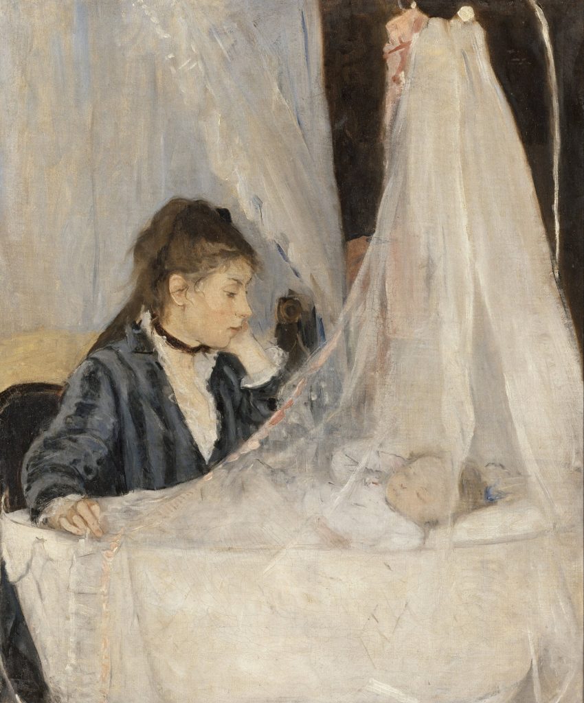 Berthe Morisot's The Cradle, Edma Morisot looking at her sleeping baby beneath a gauzy curtain