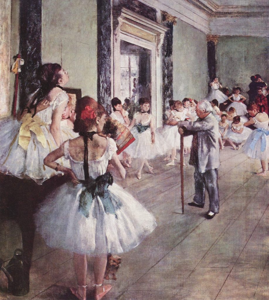 The Dance Class by Edgar Degas, ballerinas in white tutus resting and stretching around an old ballet master leaning on his stick in a rehearsal room