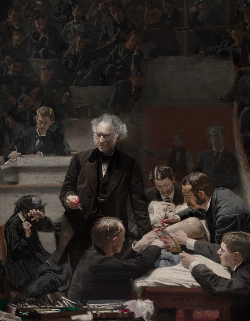 Dr Samuel D. Gross lectures with a blood-stained hand while surgeons operate before medical students in Thomas Eakins’s The Gross Clinic.