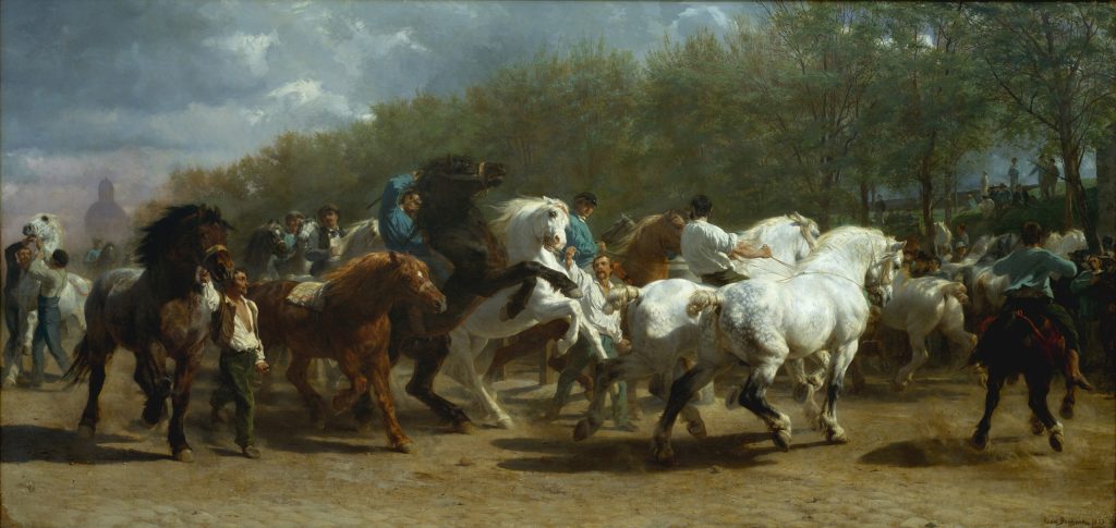 Powerful horses rear and circle with their handlers at a Paris market in Rosa Bonheur’s The Horse Fair.