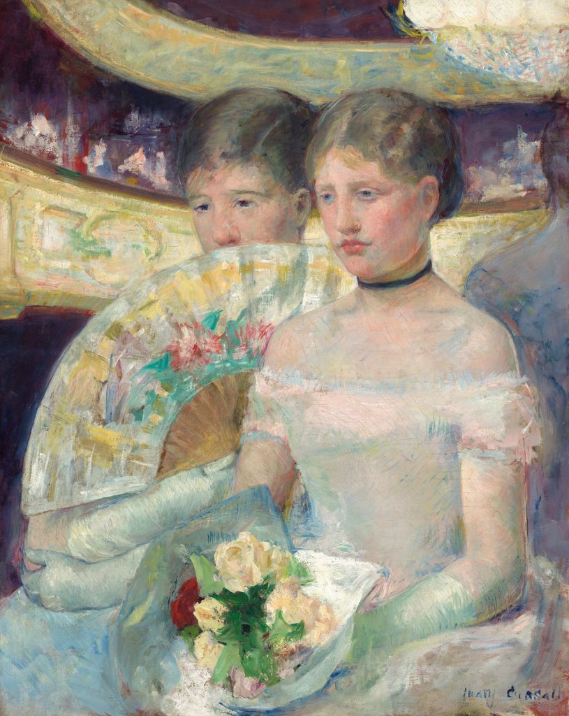 The Loge by Mary Cassatt, two young women in evening dress sitting in a theatre box, one hiding behind a fan