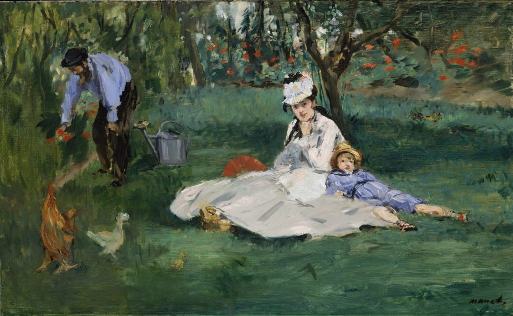 The Monet Family in the Garden by Edouard Manet, Camille Monet and her son resting on the grass under a tree while Claude Monet tends the flower beds