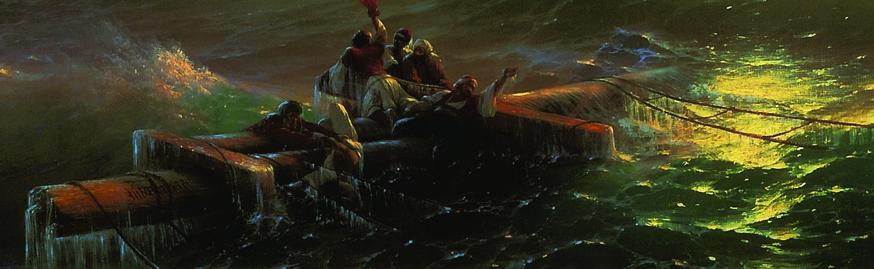 Detail of the crossed ship timbers supporting the survivors, with loose rigging trailing into the water