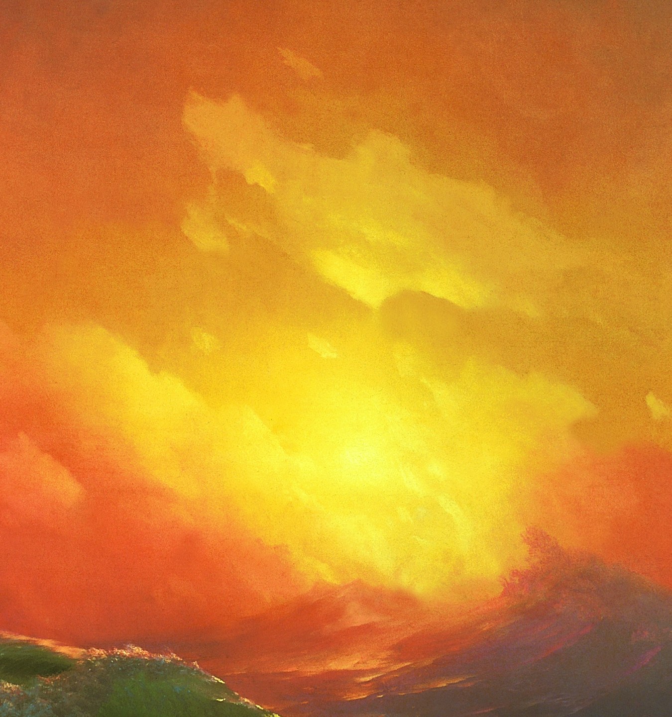 Detail of brilliant yellow sunlight breaking through orange and grey storm clouds above the sea