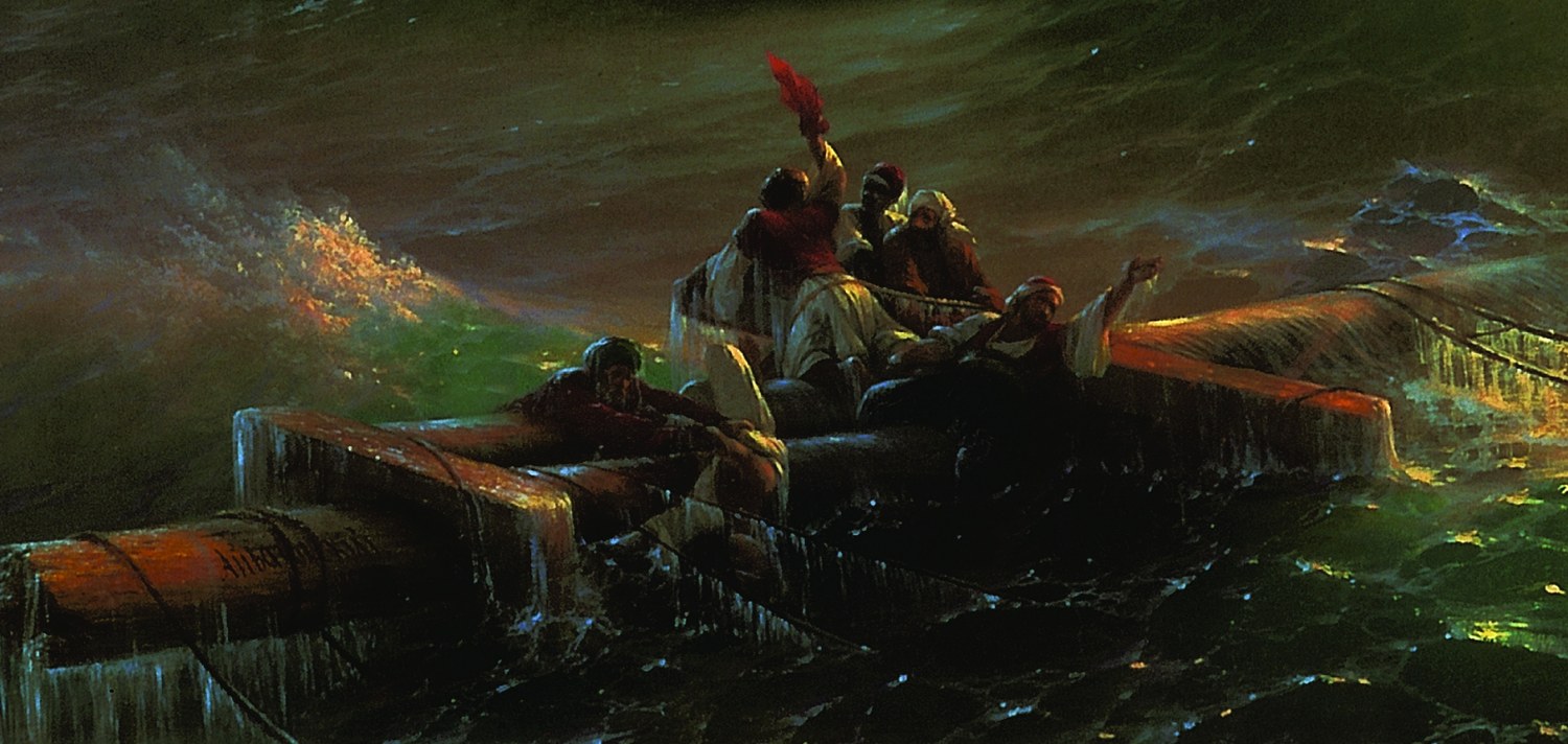 Detail of shipwreck survivors holding onto a broken mast, with one figure raising a red cloth above the waves