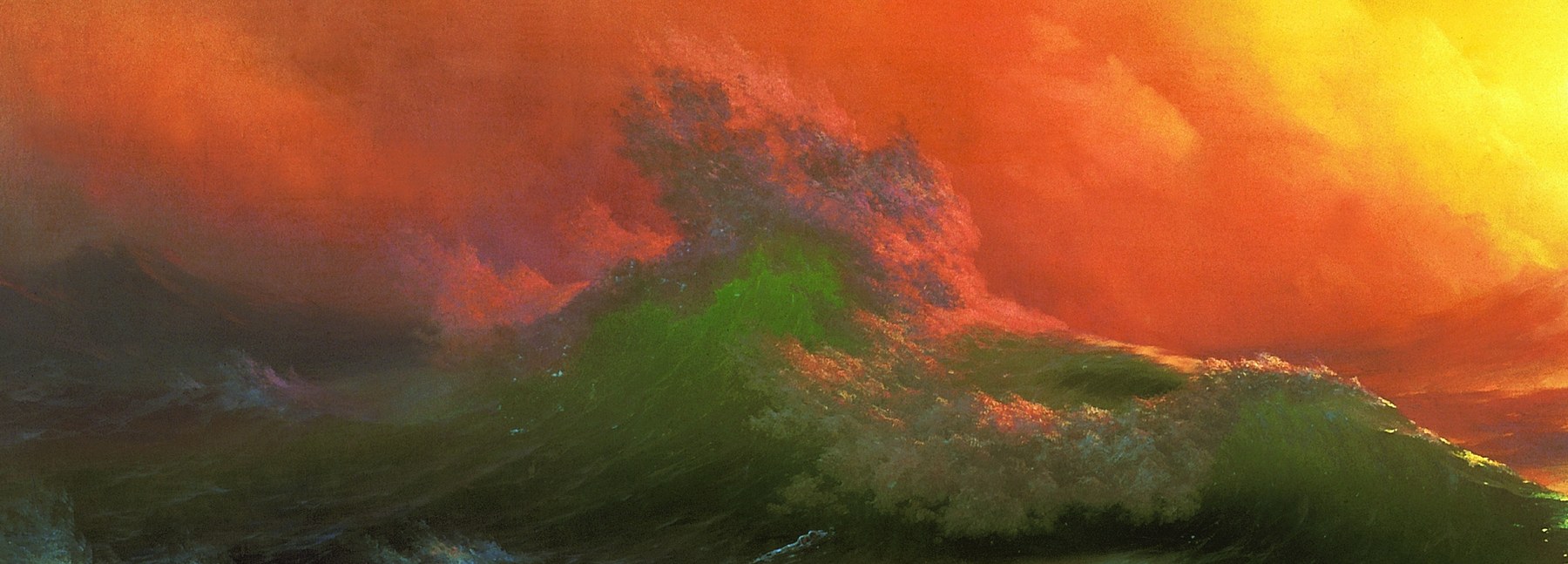 Detail of the green wave crest, curling spray and warm light passing through the water in The Ninth Wave