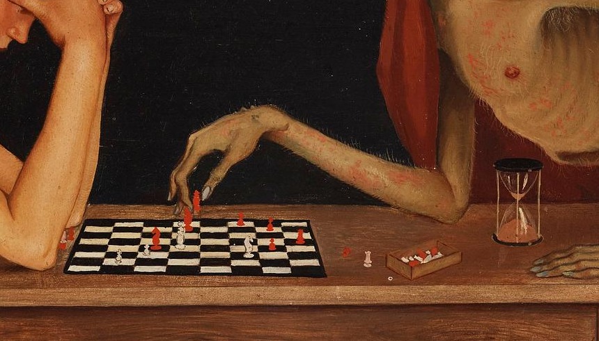Death's hand moving a red chess piece beside the hourglass in Victoria Mortis by Owe Zerge