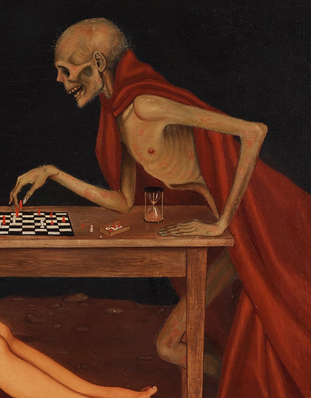 Skeleton personifying Death in a red cloak, reaching across the chessboard in Victoria Mortis