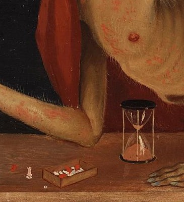 Hourglass standing beside Death on the table in Victoria Mortis by Owe Zerge