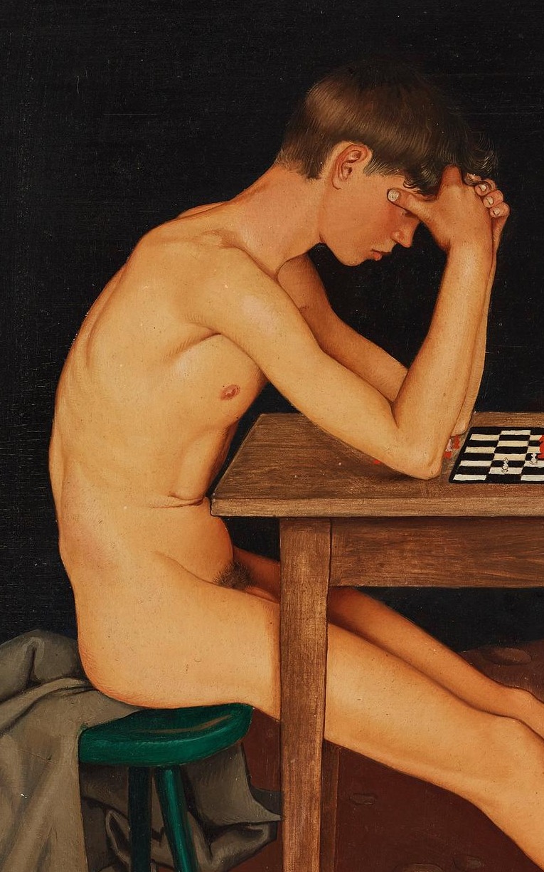 Nude young man leaning over the chessboard with his head in his hands in Victoria Mortis