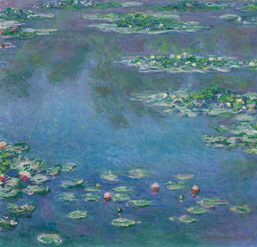Green lily pads and pink flowers float across blue and violet water reflecting trees in Claude Monet’s Water Lilies of 1906.