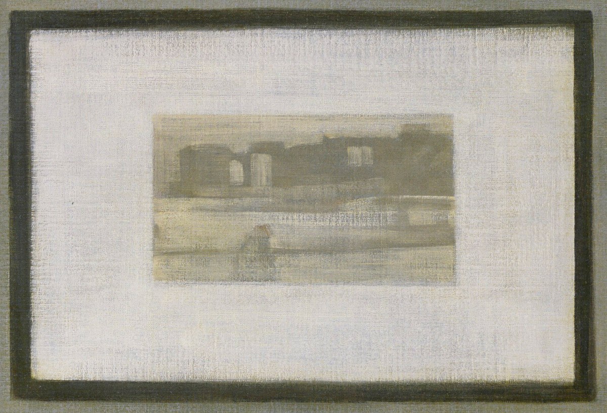 A small framed etching of riverside warehouses on the Thames hanging on the grey wall