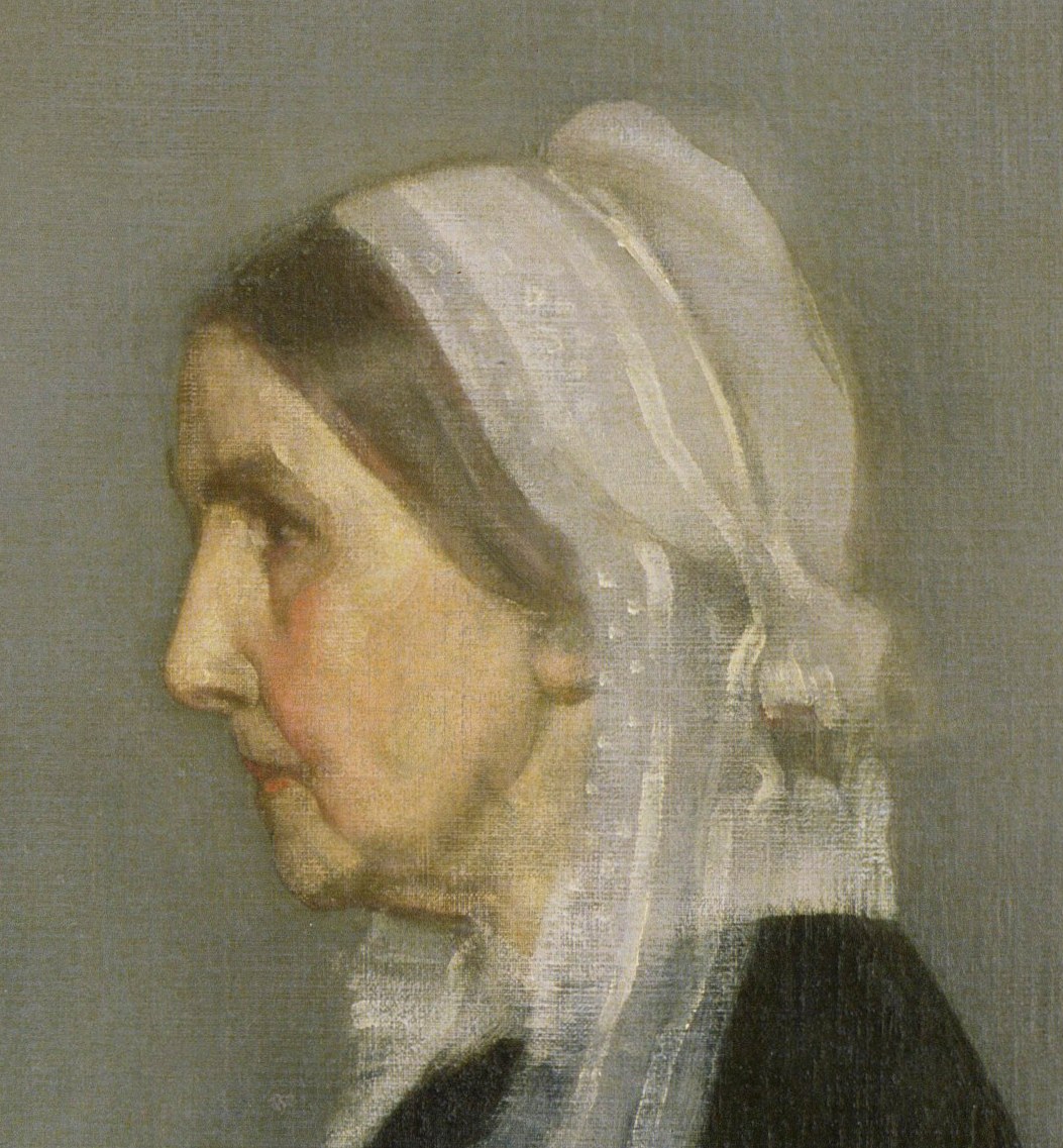 Anna Whistler's face in profile, framed by a white muslin cap with long lace lappets