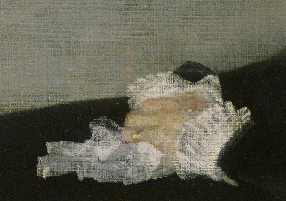 Anna Whistler's hands folded in her lap holding a white lace handkerchief, a gold wedding ring on one finger