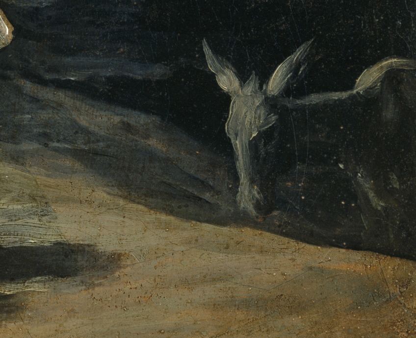 Detail of a donkey emerging from the darkness at the lower right of Goya's Witches' Flight
