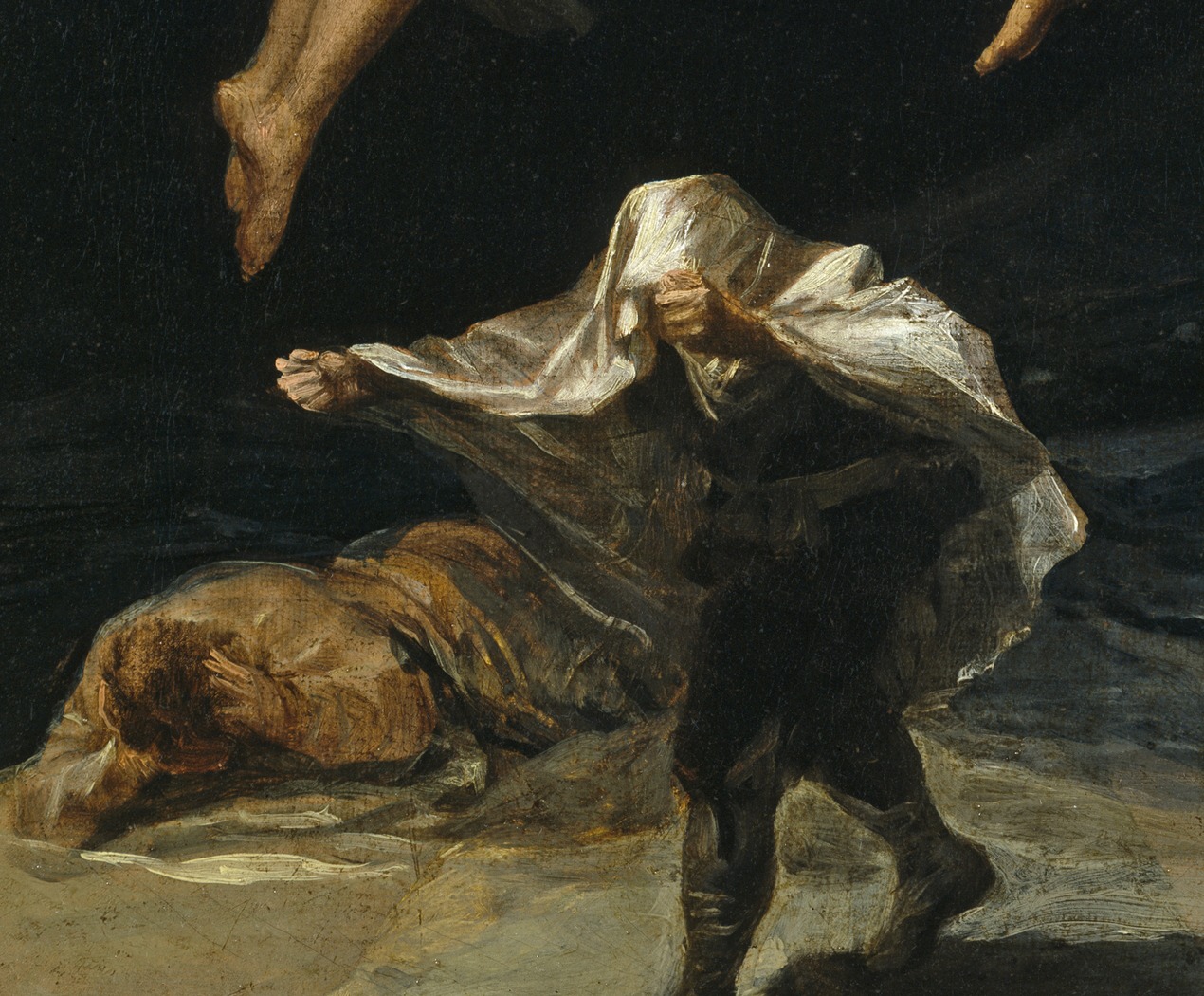 Detail of one figure covering his ears and another fleeing beneath a white cloth in Goya's Witches' Flight