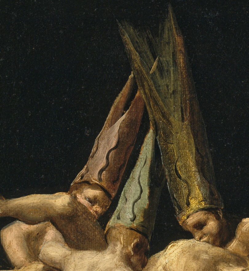Detail of the tall pointed caps worn by the three airborne figures in Goya's Witches' Flight