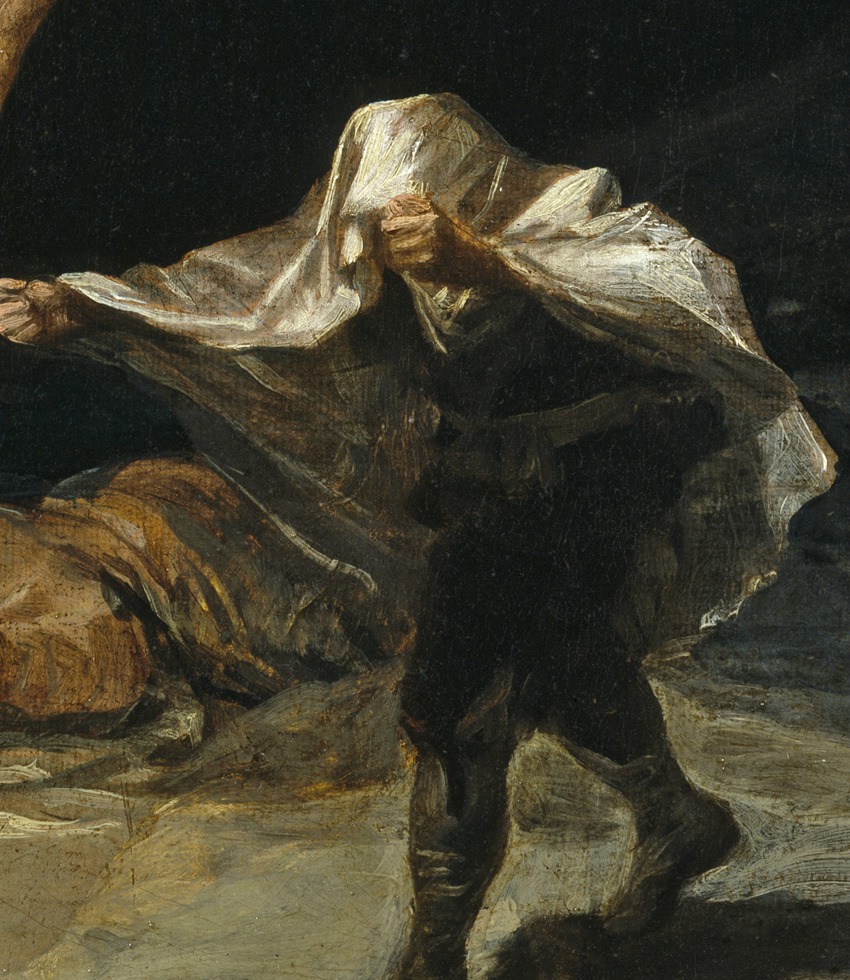 Detail of a fleeing figure making a protective hand gesture beneath a white cloth in Goya's Witches' Flight