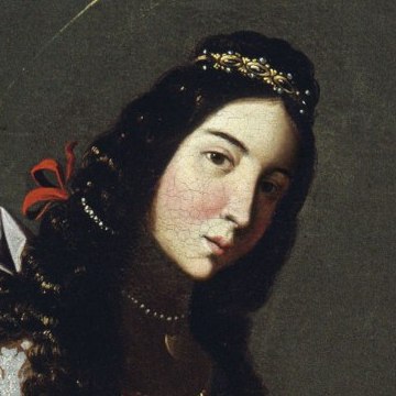 Saint Casilda's face turned towards the viewer, with dark hair, a red ribbon, pearls and a small gold diadem