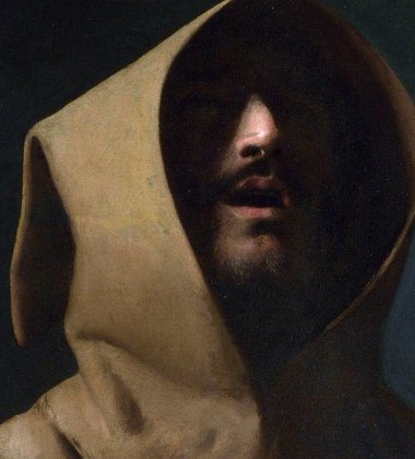 Saint Francis's face almost hidden in the shadow of his pointed brown hood, only his open mouth and beard lit