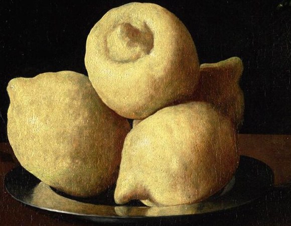 Four lemons piled on a pewter plate in Zurbarán's Still Life with Lemons, Oranges and a Rose