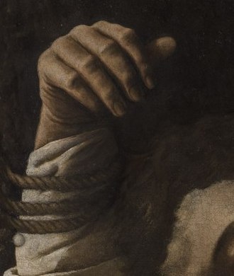 Serapion's hand above his head, his wrist bound with rough rope to a post